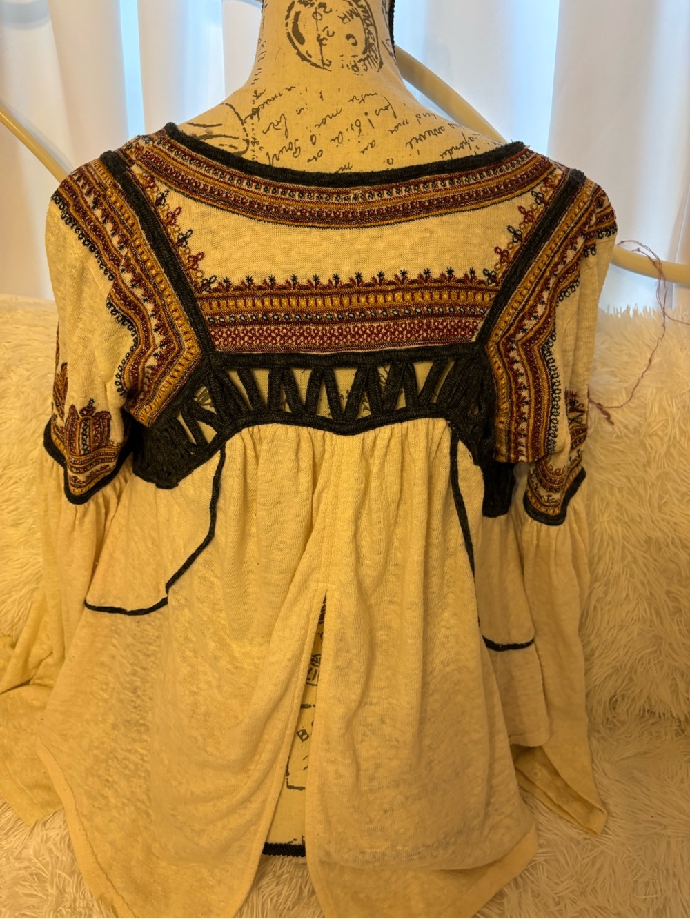 Y2K Free People Cream Peasant Tunic with Black Trim and Maroon Embroidery - Picture 4 of 11